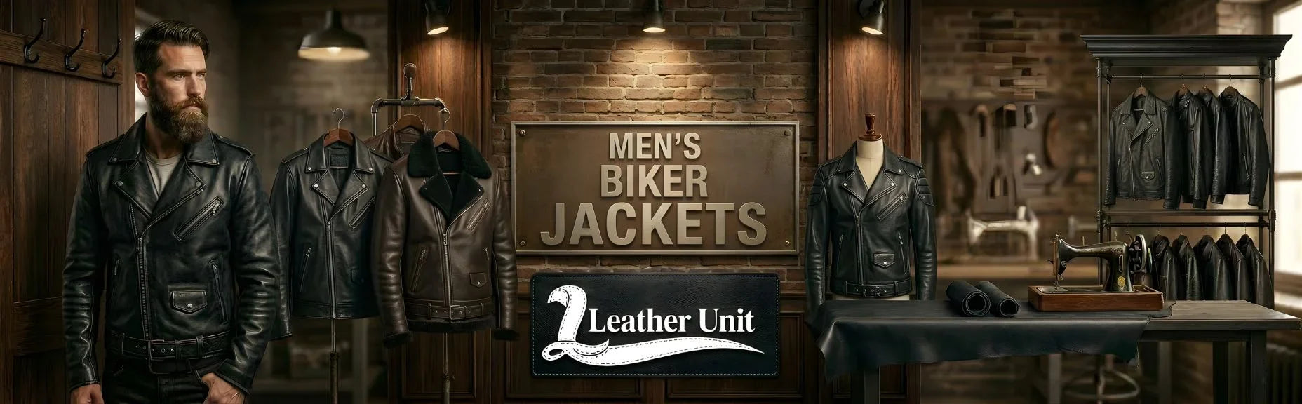 Men’s premium biker jackets by Leather Unit in genuine leather featuring asymmetrical zip, quilted detailing, and bold timeless motorcycle-inspired style