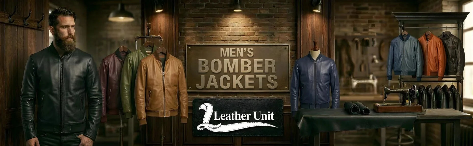 Men’s premium bomber jackets by Leather Unit featuring leather and classic MA-1 styles with ribbed details, modern fit, and timeless casual appeal