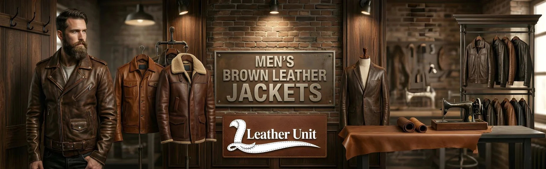 Men’s premium brown leather jackets by Leather Unit in genuine leather featuring biker, bomber, and cafe racer styles with timeless rugged appeal