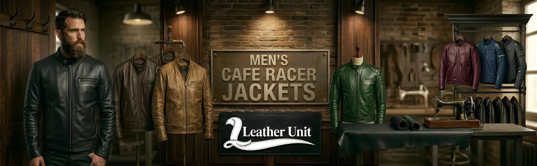 Men’s premium cafe racer leather jackets by Leather Unit in genuine leather featuring minimalist design, snug fit, and timeless modern biker style