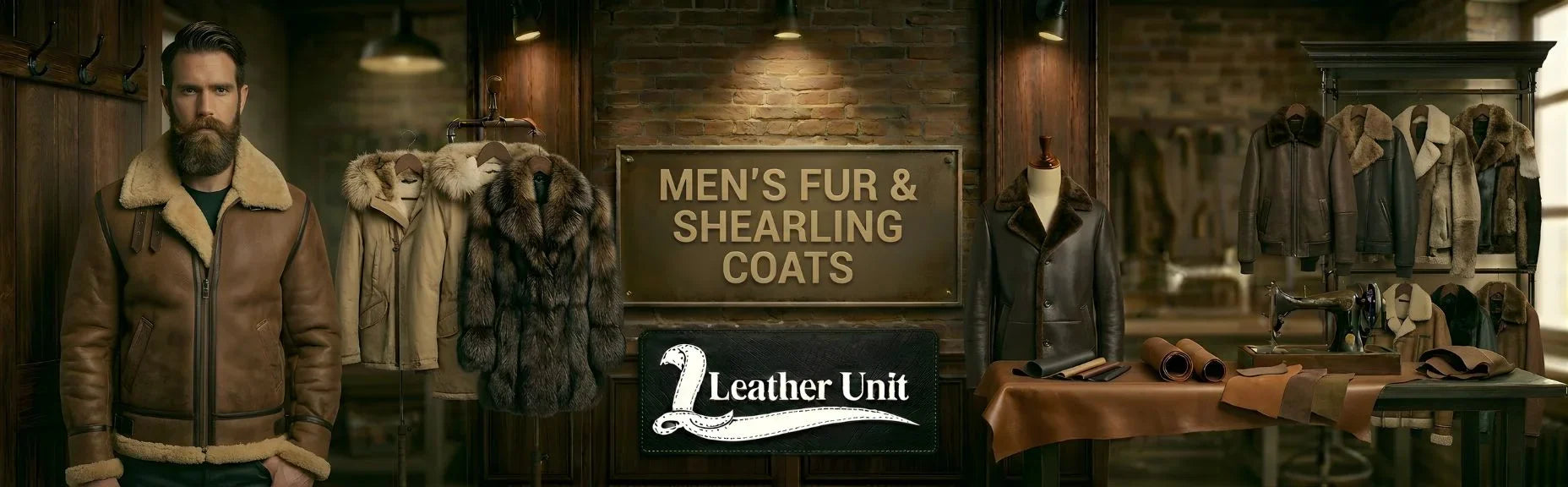 Men’s premium fur and shearling coats by Leather Unit in genuine leather featuring soft shearling lining, warm insulation, and rugged luxury winter style