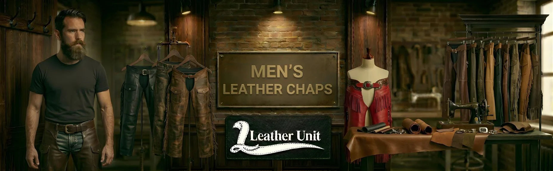 Men’s premium leather chaps by Leather Unit in genuine leather featuring durable riding protection, rugged biker style, and long-lasting comfort