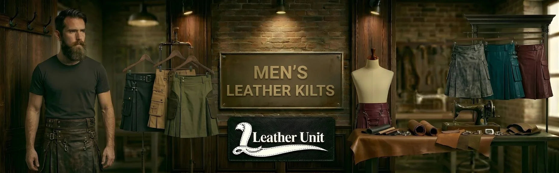 Men’s premium leather kilts by Leather Unit in genuine leather featuring adjustable straps, durable stitching, and bold modern streetwear and festival style