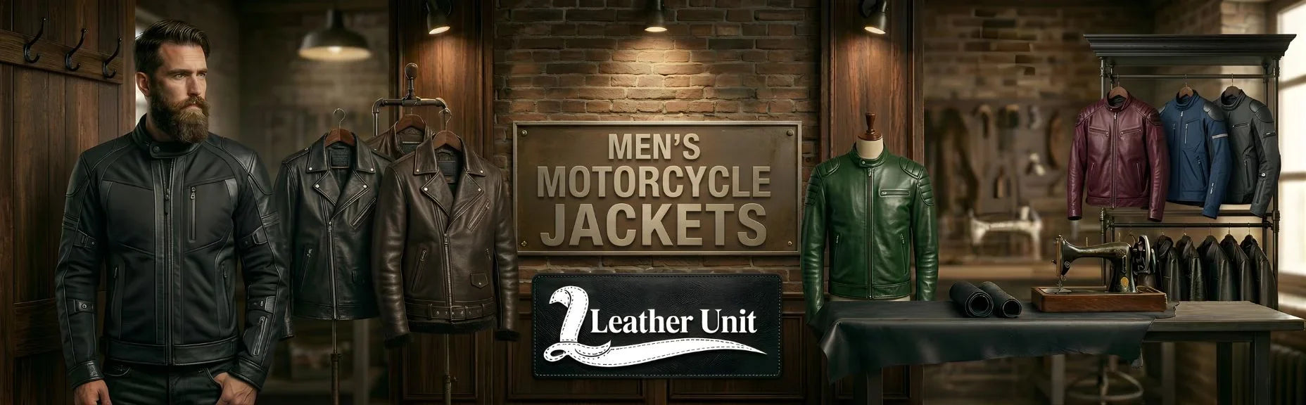 Men’s premium motorcycle jackets by Leather Unit in genuine leather featuring quilted panels, durable zippers, and sleek protective biker-inspired design
