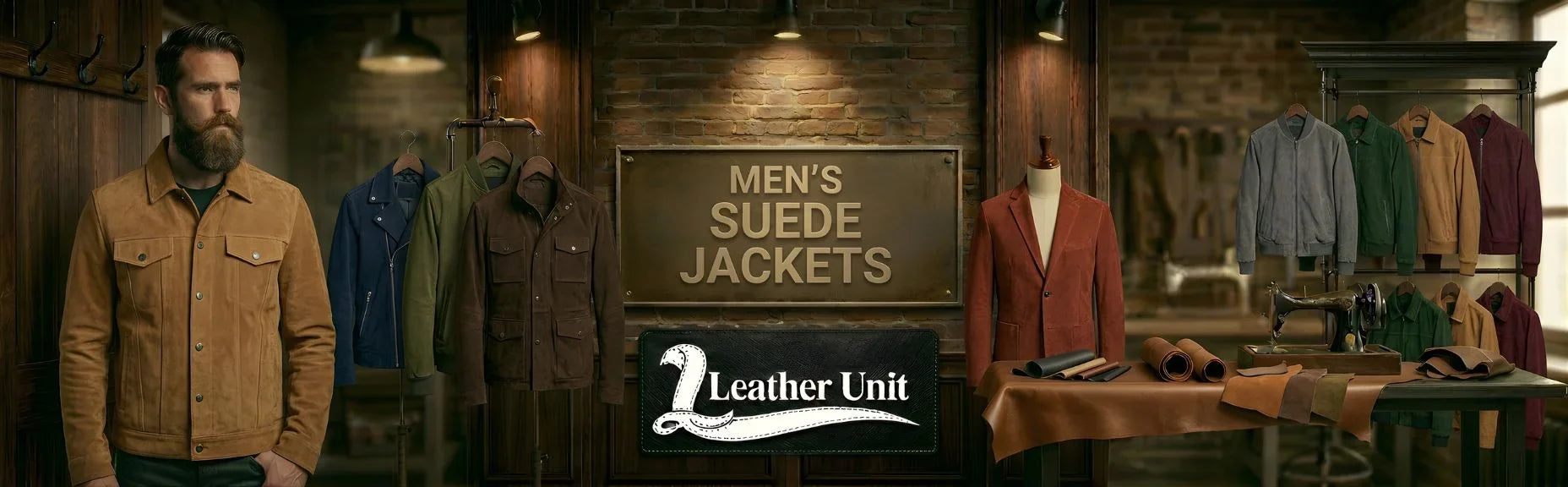 Men’s premium suede jackets by Leather Unit in genuine suede featuring soft texture, clean tailoring, and timeless elegant casual style in classic shades