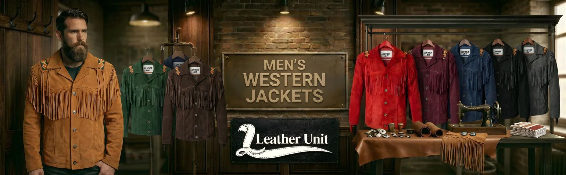 Men’s premium western jackets by Leather Unit in genuine leather featuring classic yoke design, durable stitching, and rugged country-inspired style
