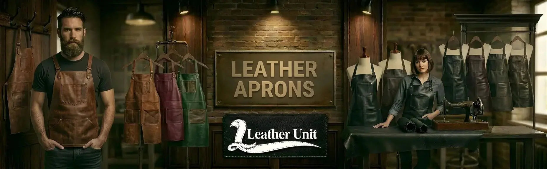 Handmade premium leather aprons for men and women by Leather Unit in full-grain leather featuring durable protection, tool pockets, and versatile work-ready design