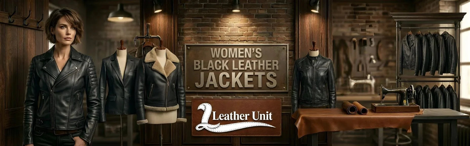 Women’s premium black leather jackets by Leather Unit in genuine leather featuring biker, moto, and oversized styles with timeless bold elegance and modern edge