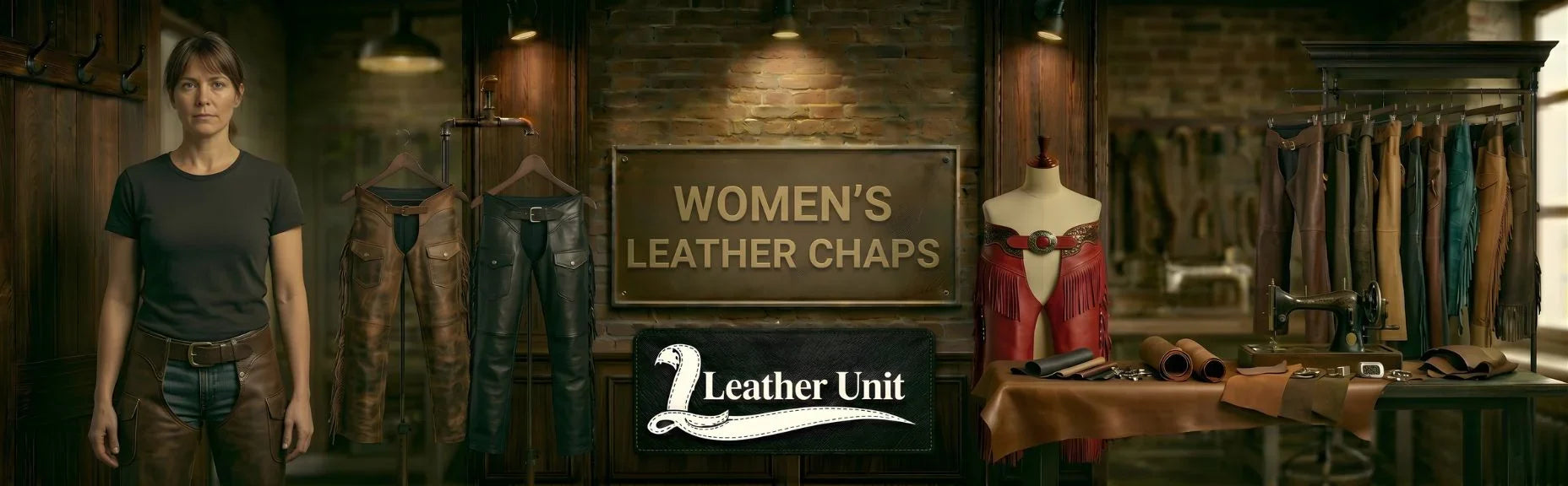 Women’s premium leather chaps by Leather Unit in genuine leather featuring durable riding protection, western style, and bold edgy fashion