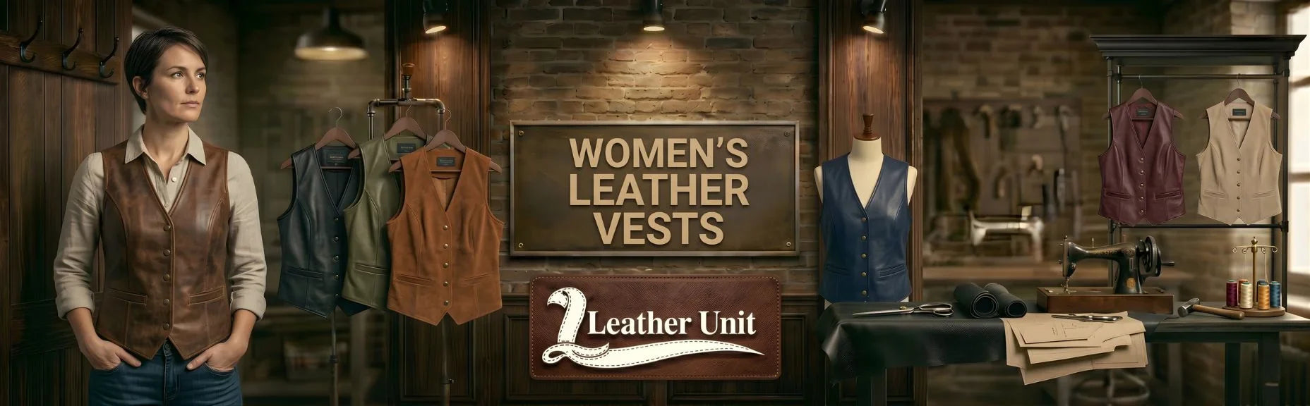 Women’s premium leather vests by Leather Unit in genuine leather featuring biker, classic, and fur-collar styles with versatile edgy layering appeal