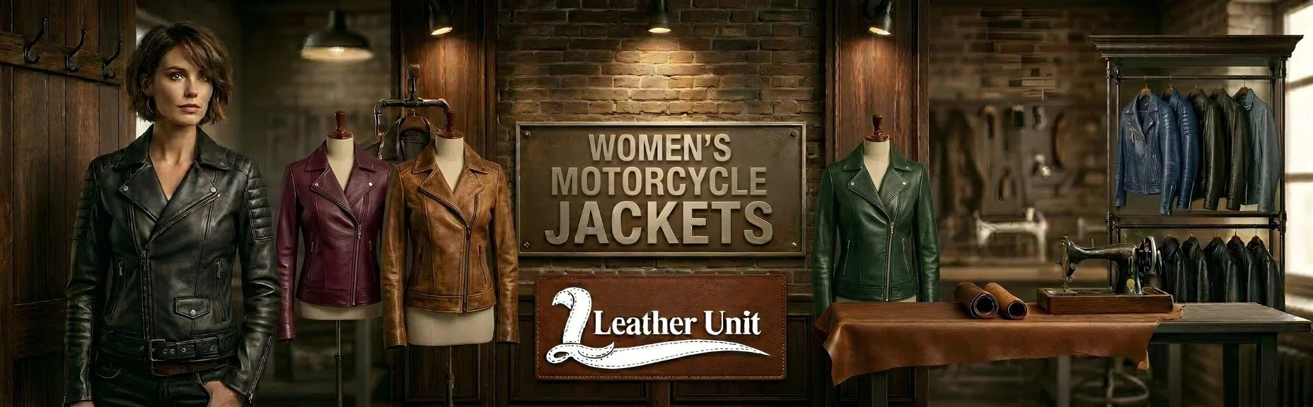 Women’s premium motorcycle jackets by Leather Unit in genuine leather featuring sleek structured fit, durable zippers, and bold modern riding style