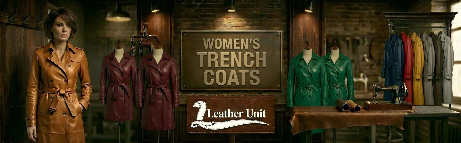Women’s premium trench coats by Leather Unit in tailored fabric featuring classic silhouette, elegant design, and timeless sophisticated layering style