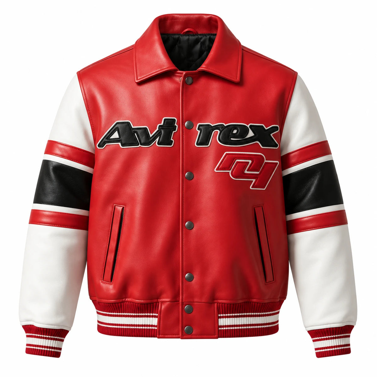 Front view of Avirex red leather bomber jacket with black logo graphics, snap buttons and white sleeves