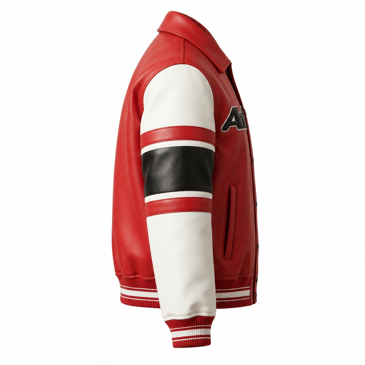 Side view of Avirex red leather varsity bomber with white sleeve and black contrast stripe