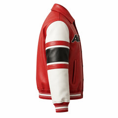 Side view of Avirex red leather varsity bomber with white sleeve and black contrast stripe
