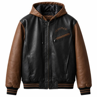Front view of Avirex black and brown genuine leather hooded bomber jacket with embroidered chest branding