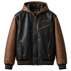 Front view of Avirex black and brown genuine leather hooded bomber jacket with embroidered chest branding