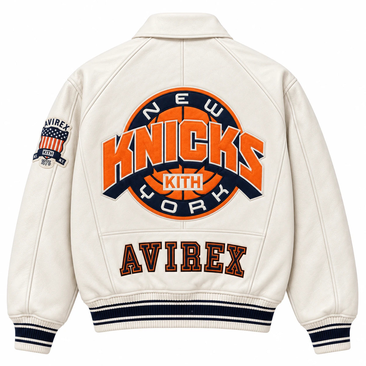 Full back view of cream Kith Knicks varsity jacket with large basketball logo, KITH detail and AVIREX lettering