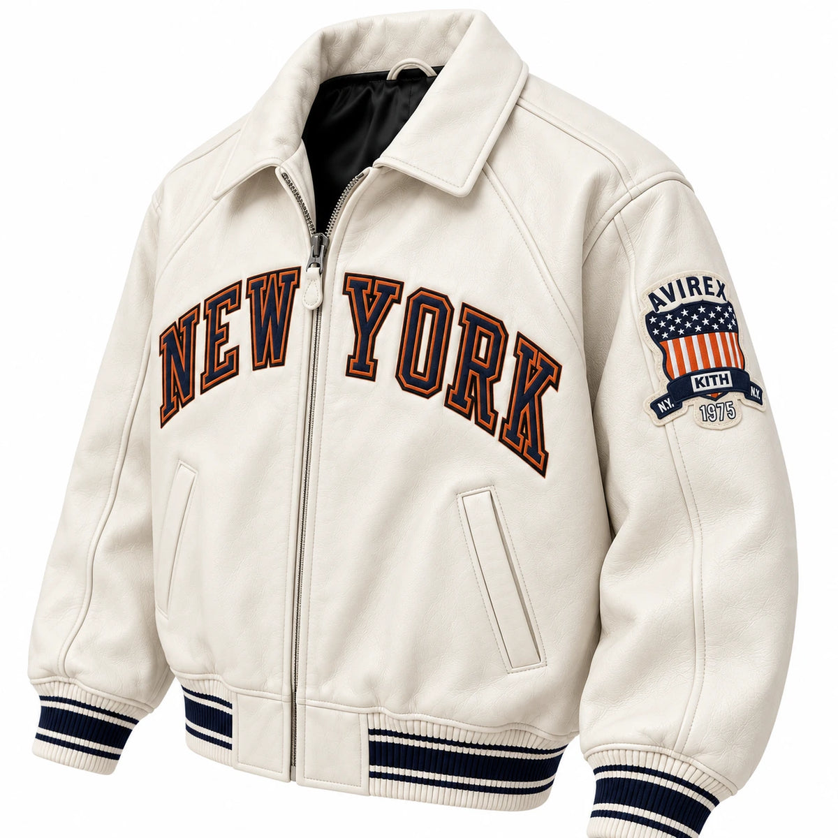 Three-quarter view of cream New York varsity bomber with Avirex Kith 1975 sleeve patch and zip closure