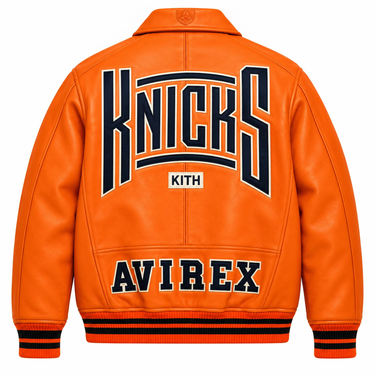 Full back view of orange Avirex inspired varsity leather jacket with Knicks, Kith and Avirex graphics