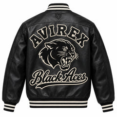 Full back view of Avirex Black Aces black leather varsity bomber with panther graphic and striped rib-knit trims