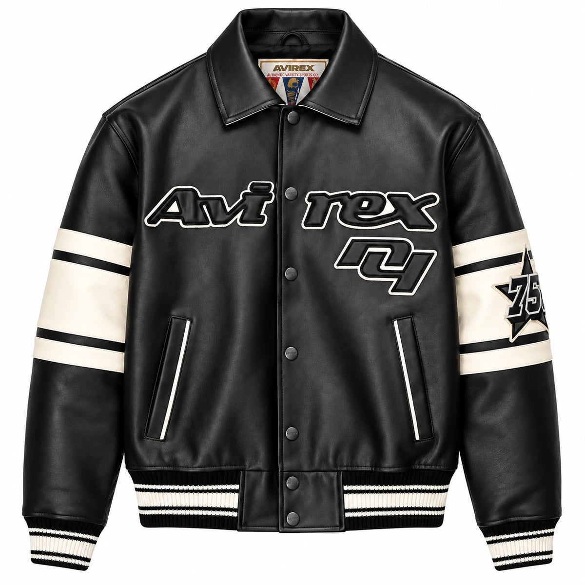 Front view of Avirex black leather varsity bomber with cream striped sleeves, Avirex chest graphics and rib-knit trims