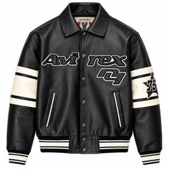 Front view of Avirex black leather varsity bomber with cream striped sleeves, Avirex chest graphics and rib-knit trims