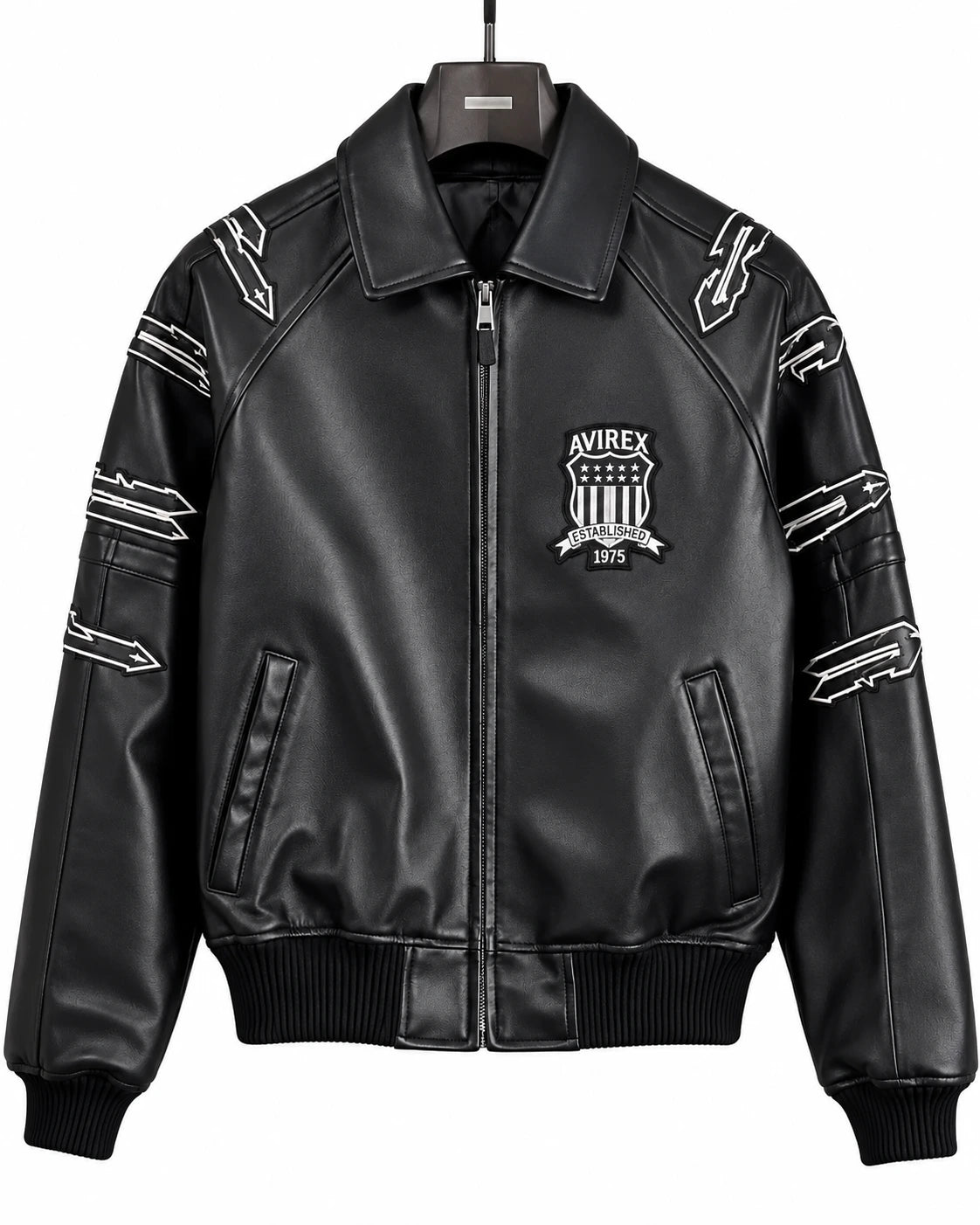 Front view of Avirex men’s black LDN leather bomber with Established 1975 chest patch, sleeve graphics and full zip