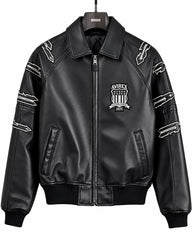 Front view of Avirex men’s black LDN leather bomber with Established 1975 chest patch, sleeve graphics and full zip