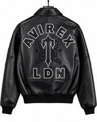 Back view of Avirex black leather jacket with oversized AVIREX lettering, central emblem and bold LDN branding