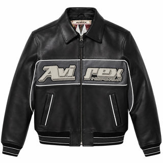 Front view of Avirex black Nitro Run leather bomber with grey graphic chest panel, full zip and striped rib-knit trims