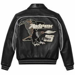 Back view of Avirex men’s black Nitro Run leather bomber with large eagle graphic, N35 NYC lettering and white piping