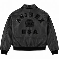 Full back view of Avirex black-on-black leather bomber with tonal AVIREX USA graphics and black rib-knit waistband