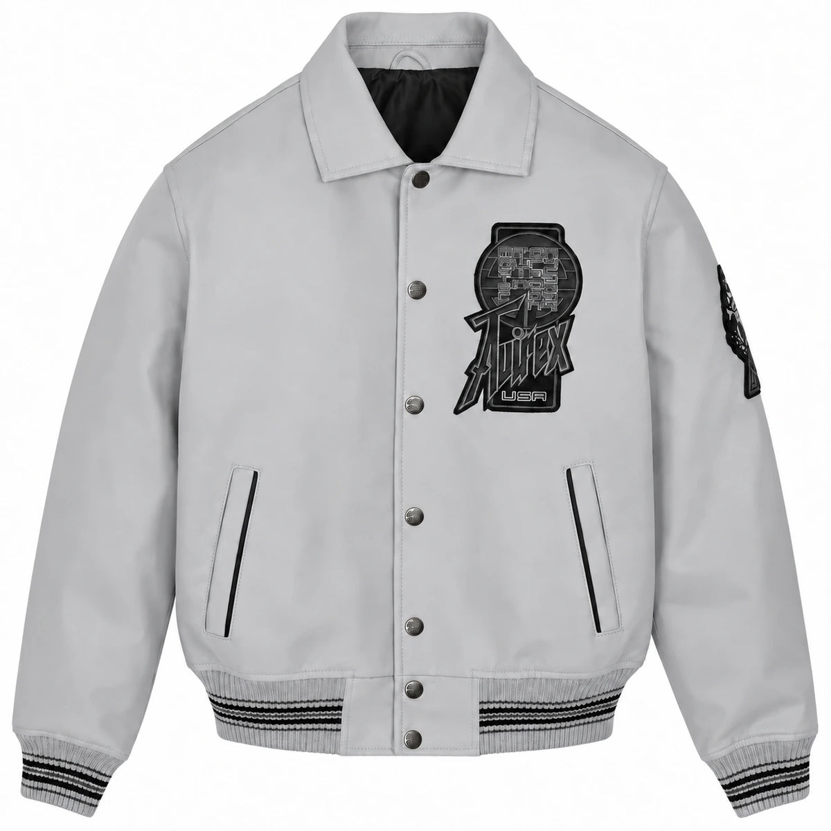 Front view of Avirex grey leather varsity jacket with snap-button closure, chest graphic, vertical pockets and striped trims