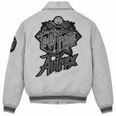 Full rear view of Avirex grey leather varsity bomber with large Twin Dragon artwork and grey-black striped rib-knit waistband
