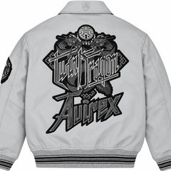 Close-up back view of grey Avirex leather jacket showing oversized black Twin Dragon graphic artwork and Avirex lettering