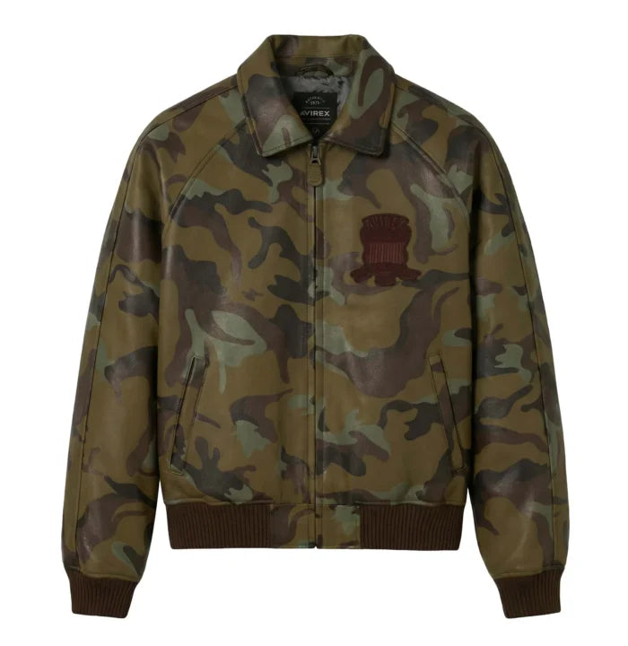 Front view of Avirex men’s olive camouflage leather varsity bomber with tonal chest patch and dark brown rib-knit trims