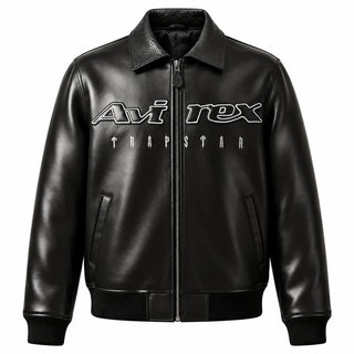 Front view of black Avirex x Trapstar leather bomber with zip closure, chest branding and textured collar