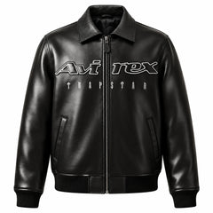 Front view of black Avirex x Trapstar leather bomber with zip closure, chest branding and textured collar