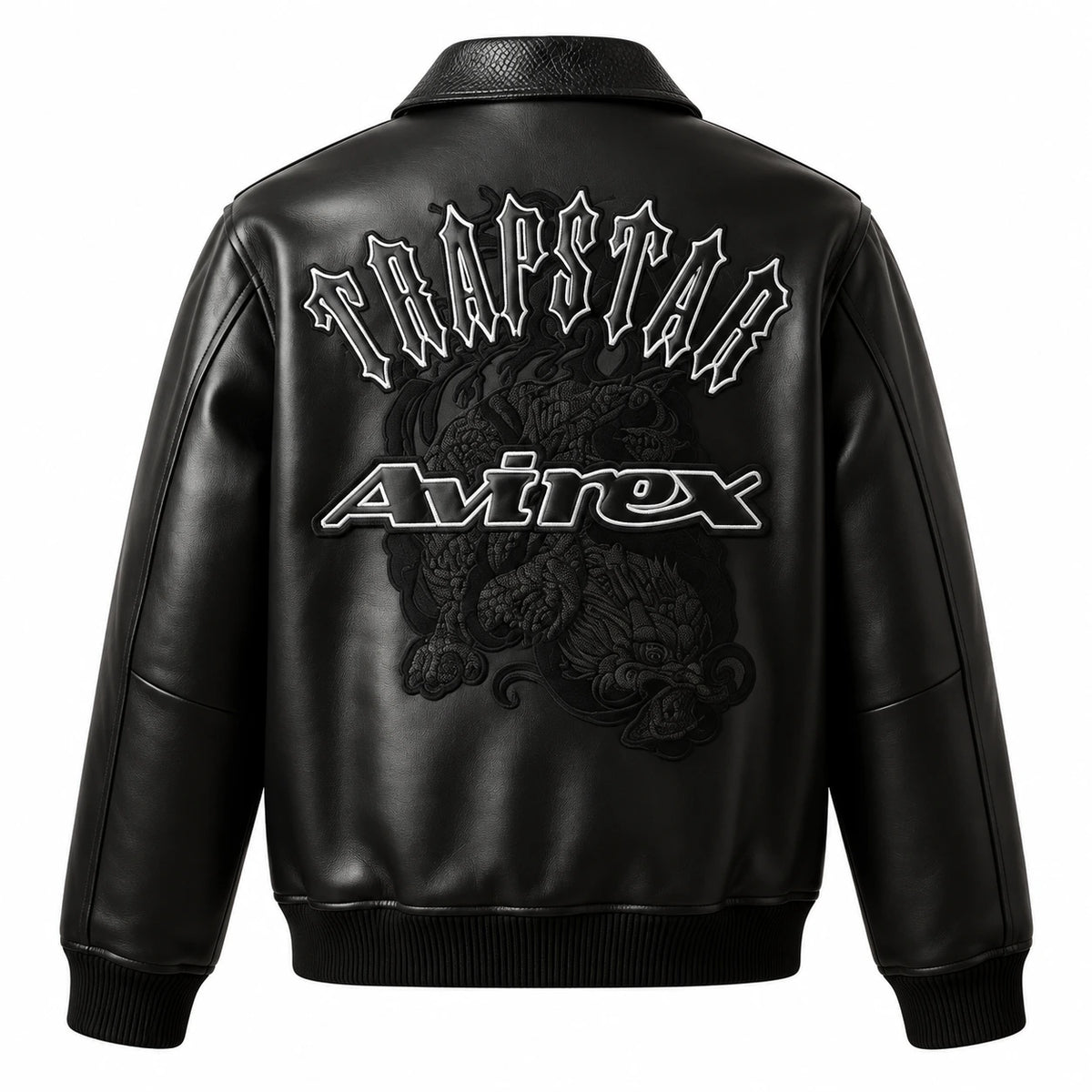Back view of black Avirex Trapstar leather bomber with oversized Trapstar and Avirex graphics
