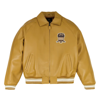 Front view of Avirex x Timberland men’s tan leather varsity bomber with chest patch, zip front and striped rib trims