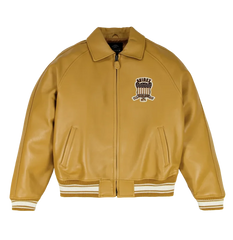 Front view of Avirex x Timberland men’s tan leather varsity bomber with chest patch, zip front and striped rib trims