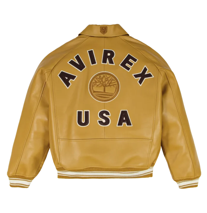 Back view of tan Avirex x Timberland leather jacket with AVIREX USA lettering and tonal tree emblem