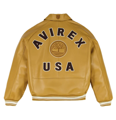 Back view of tan Avirex x Timberland leather jacket with AVIREX USA lettering and tonal tree emblem