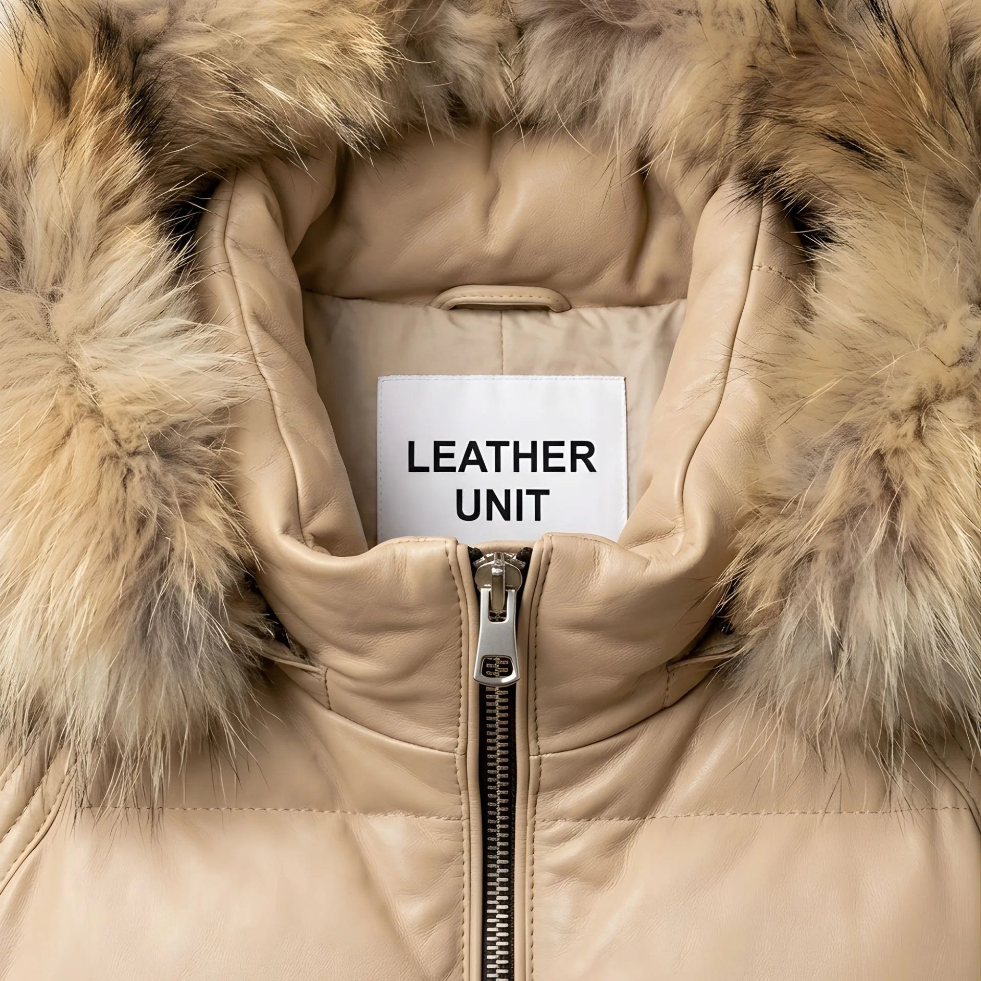 Close‑up of fur‑trim hood and collar on beige leather puffer jacket.