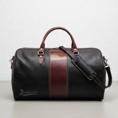 front view black and brown genuine leather duffle bag by Leather Unit.