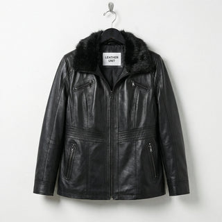 Front view of womens black fur collar leather jacket by Leather Unit
