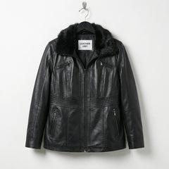 Front view of womens black fur collar leather jacket by Leather Unit
