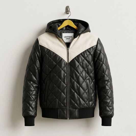 Men's Black Hooded Leather Puffer Bomber Jacket front view - Genuine Leather by Leather Unit