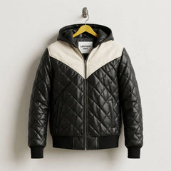 Men's Black Hooded Leather Puffer Bomber Jacket front view - Genuine Leather by Leather Unit